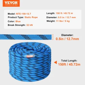 VEVOR 12.7mm Static Climbing Rope 30KN